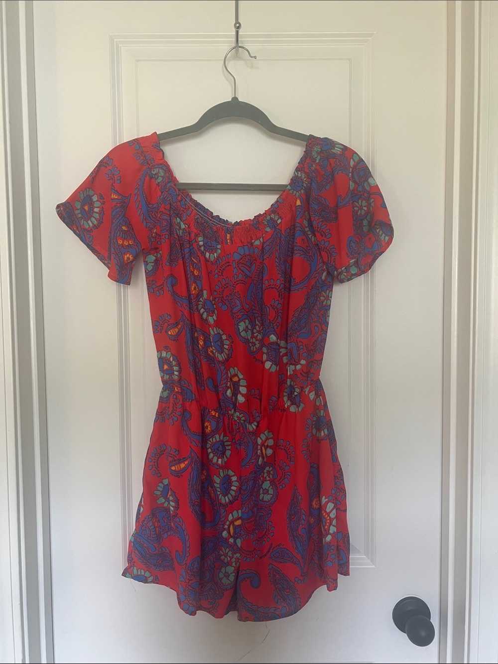 Everly Red Paisley Off-Shoulder Romper with Blue Accents